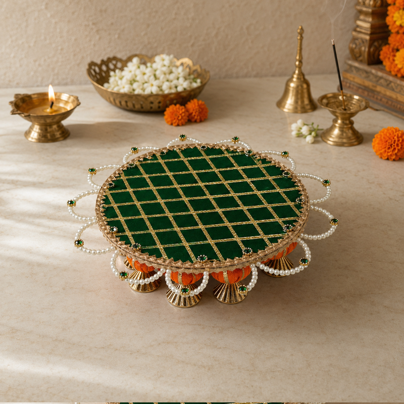 Emerald Pearl Jaal Pedestal Pooja Thali – view 1
