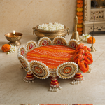 Kesari Bandhani Pearl Pedestal Pooja Thali – view 1