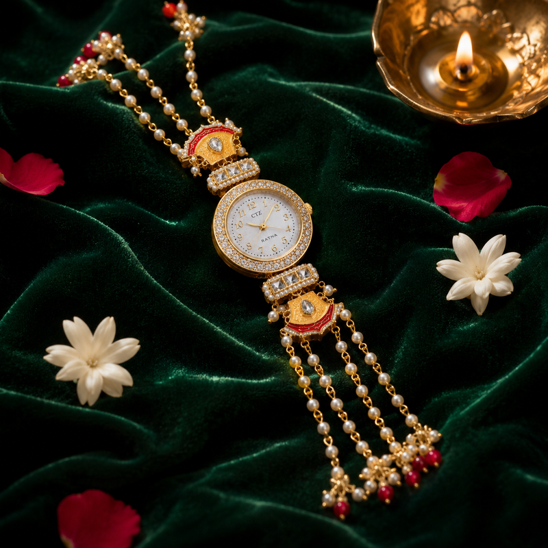 Royal Kundan Watch Rakhi with Pearl Chains for Brother - image 1