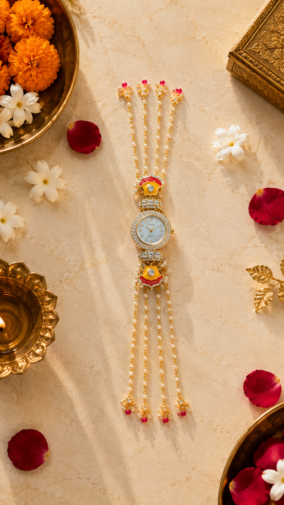 Royal Kundan Watch Rakhi with Pearl Chains for Brother - image 2