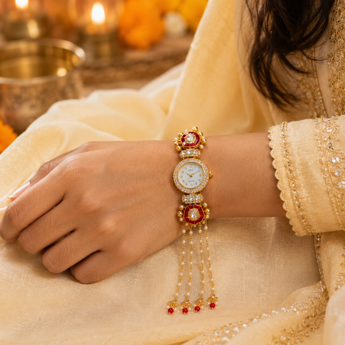 Royal Kundan Watch Rakhi with Pearl Chains for Brother - image 4