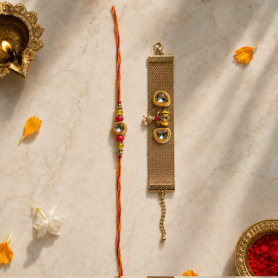 Teardrop kundan Rakhi and bracelet set for brother - view 1