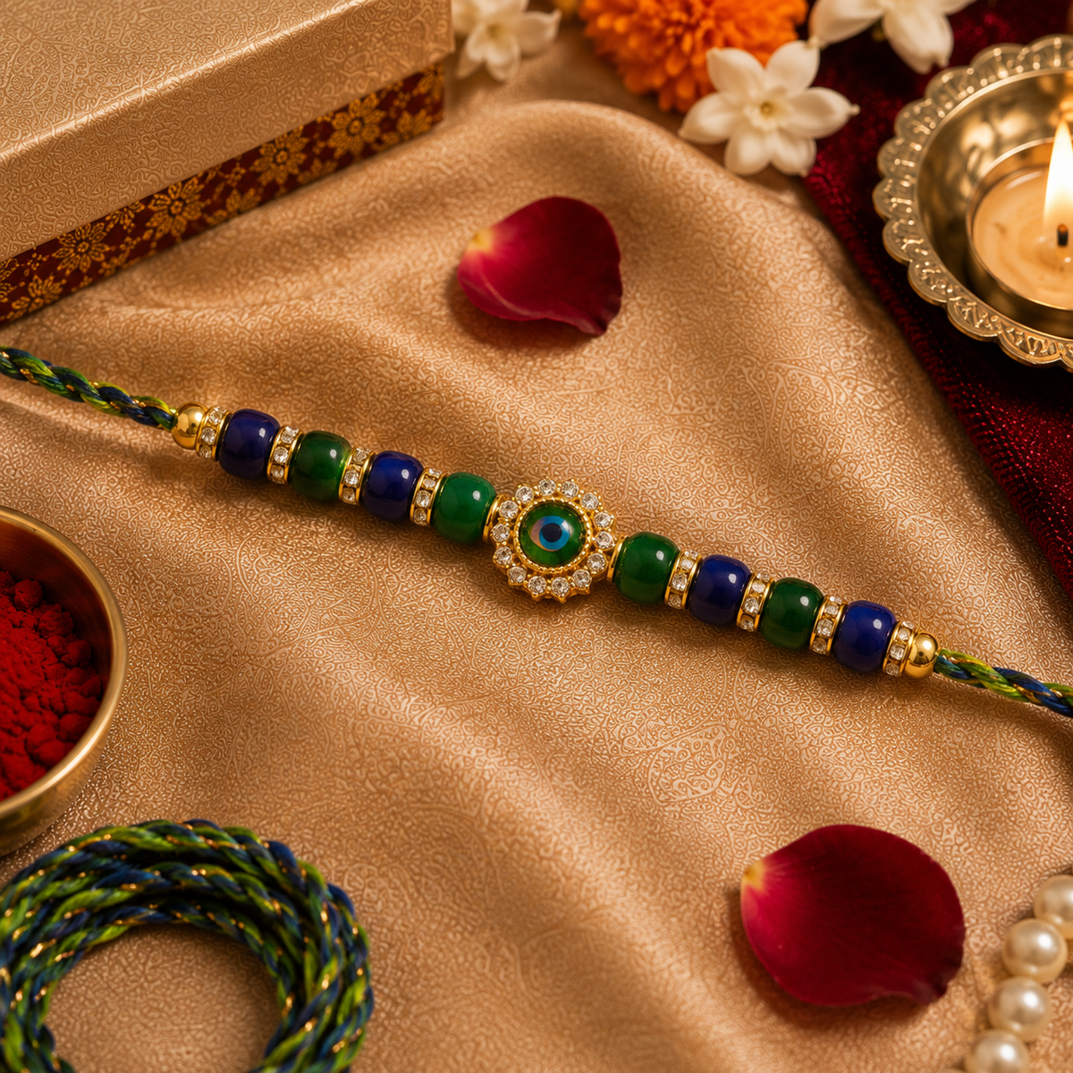 Blue & Green Evil Eye Kundan Rakhi for Brother - image 1
