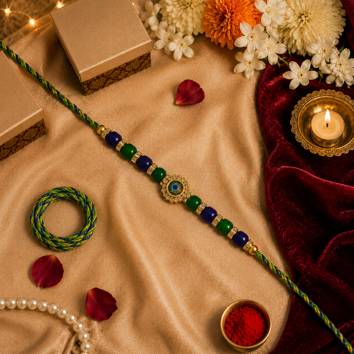 Blue & Green Evil Eye Kundan Rakhi for Brother - image 2