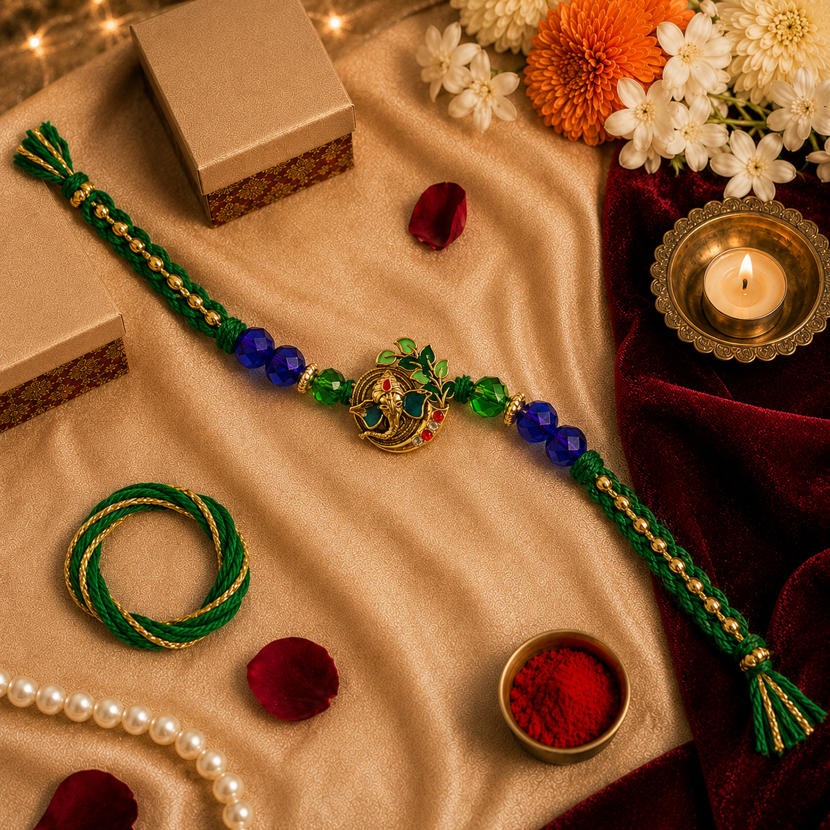 Regal Peacock Rakhi & Beaded Lumba Set for Brother - image 1