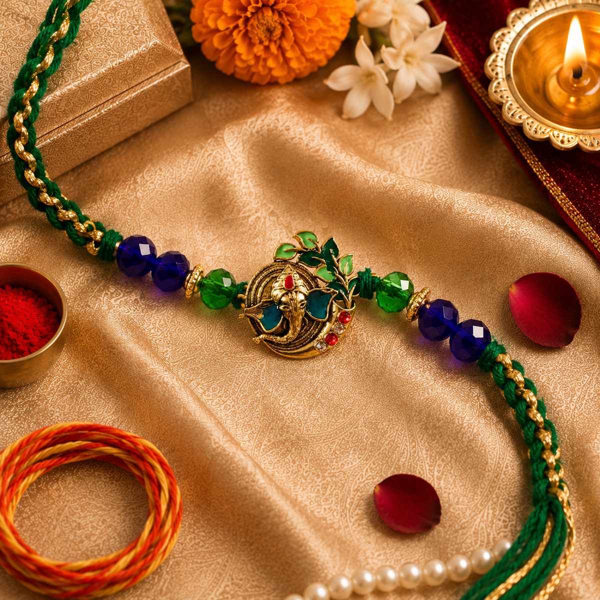 Regal Peacock Rakhi & Beaded Lumba Set for Brother - image 2