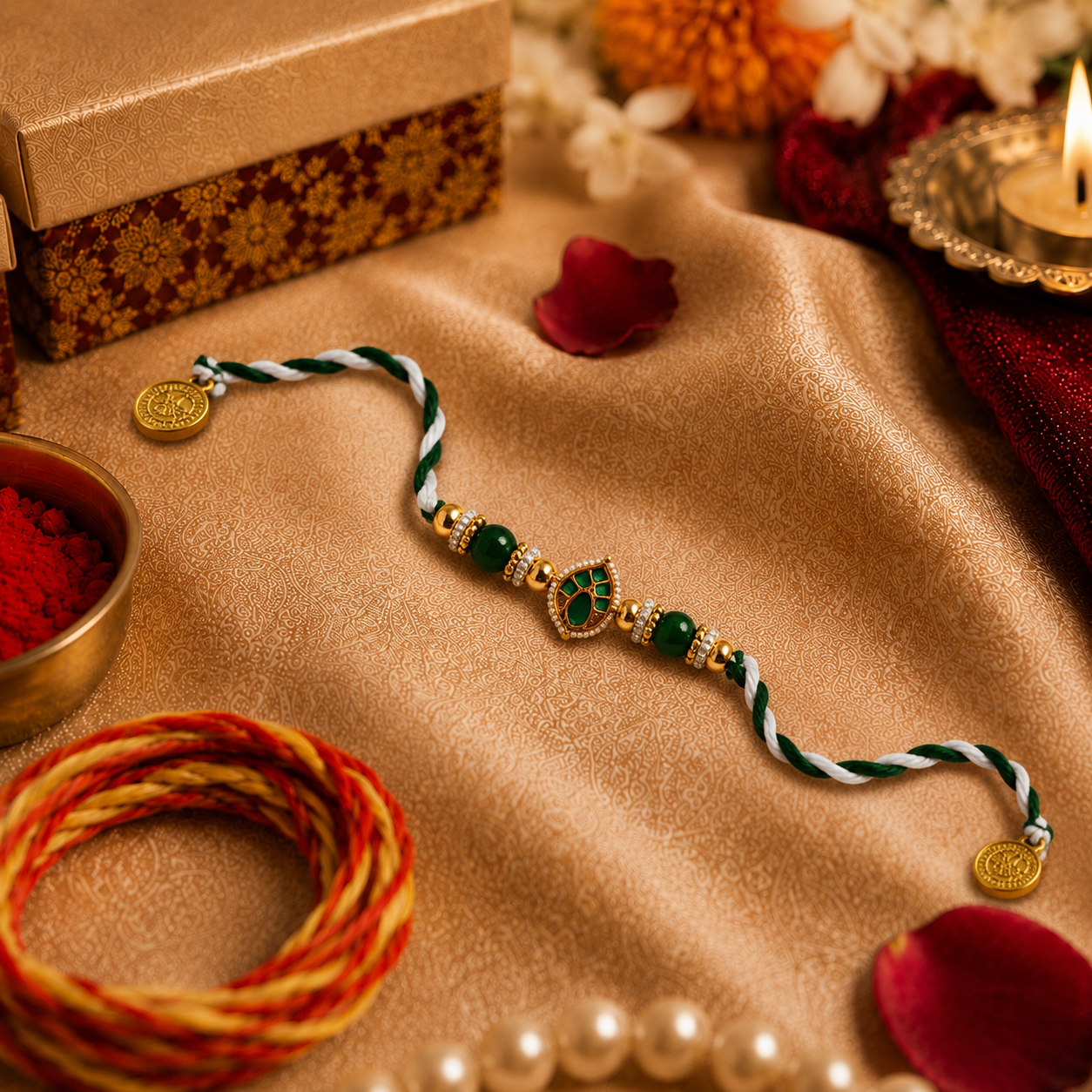 Emerald Braided Thread Rakhi with Kundan Motif for Brother - image 1