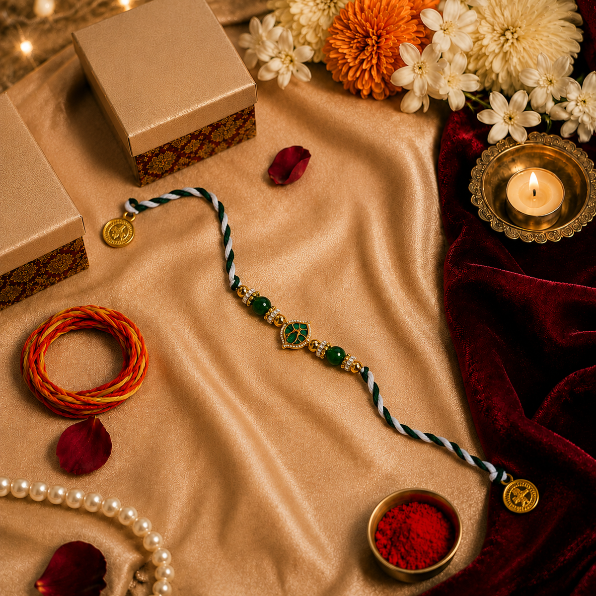 Emerald Braided Thread Rakhi with Kundan Motif for Brother - image 2