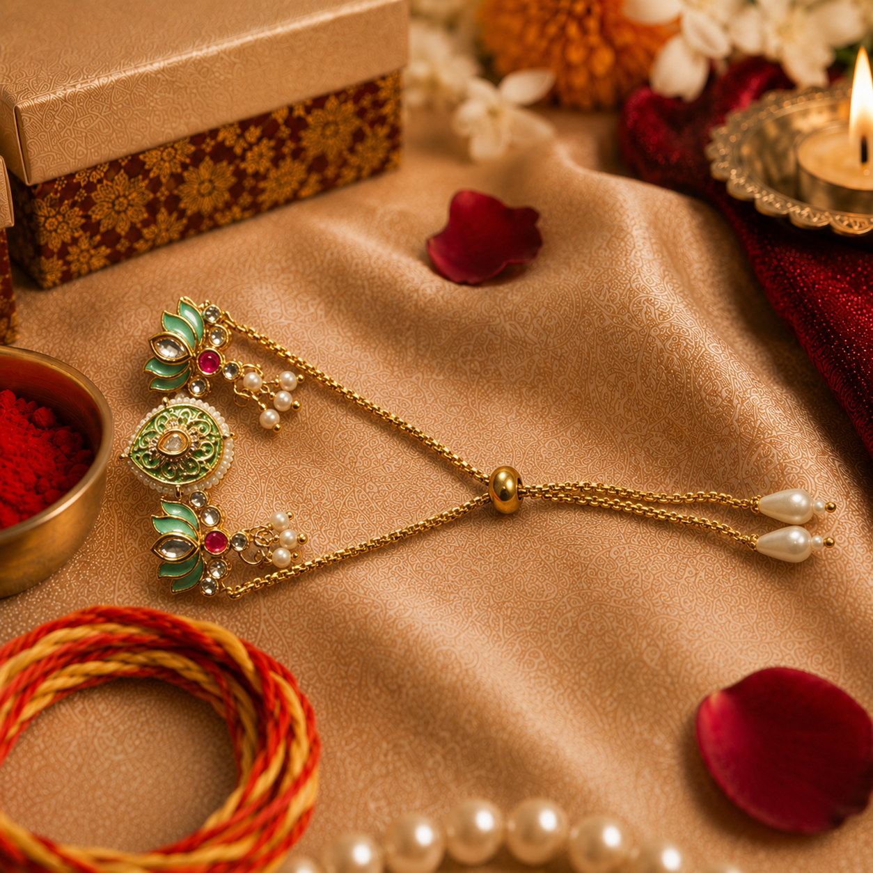 Green Lotus Kundan Lumba Bracelet with Pearl Tassels for Brother - image 1