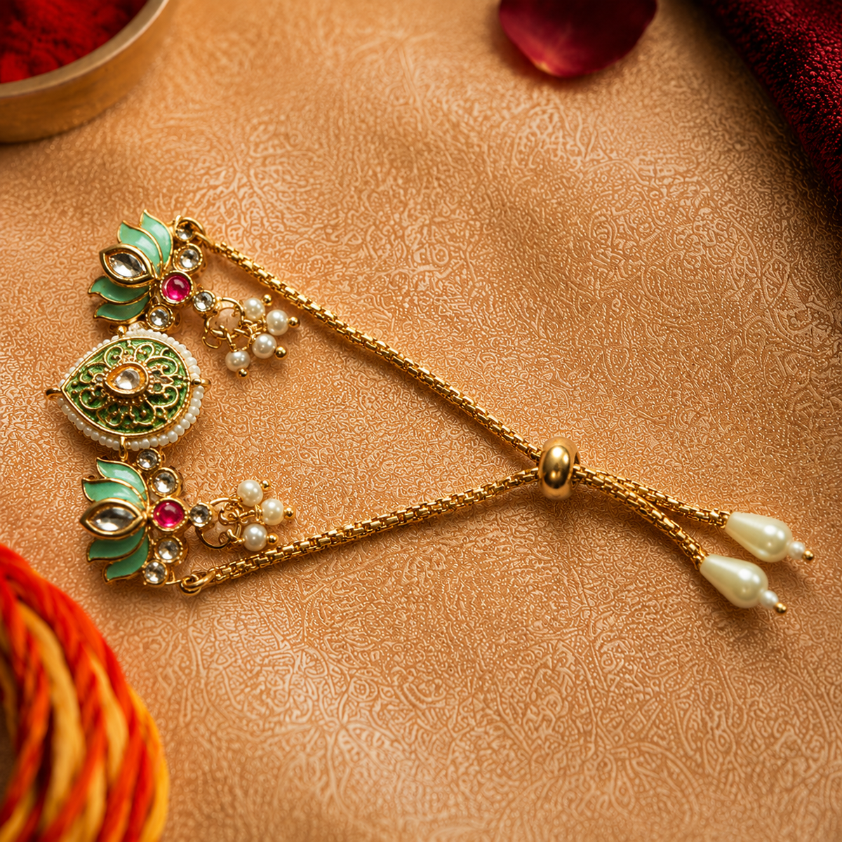 Green Lotus Kundan Lumba Bracelet with Pearl Tassels for Brother - image 2