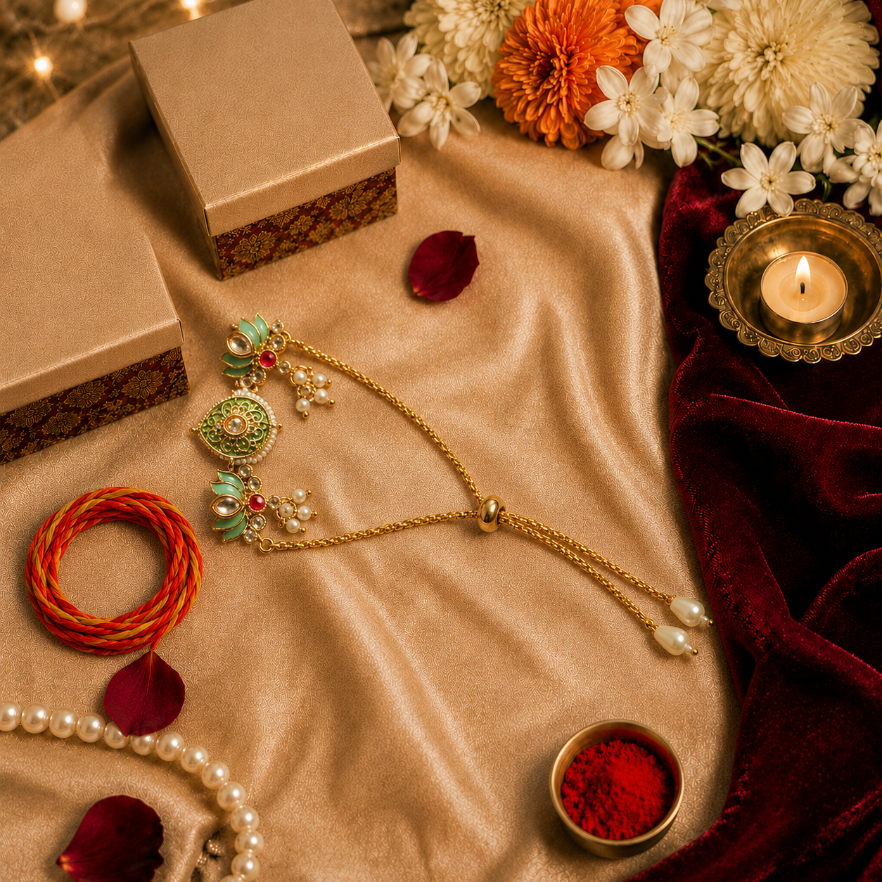 Green Lotus Kundan Lumba Bracelet with Pearl Tassels for Brother - image 3