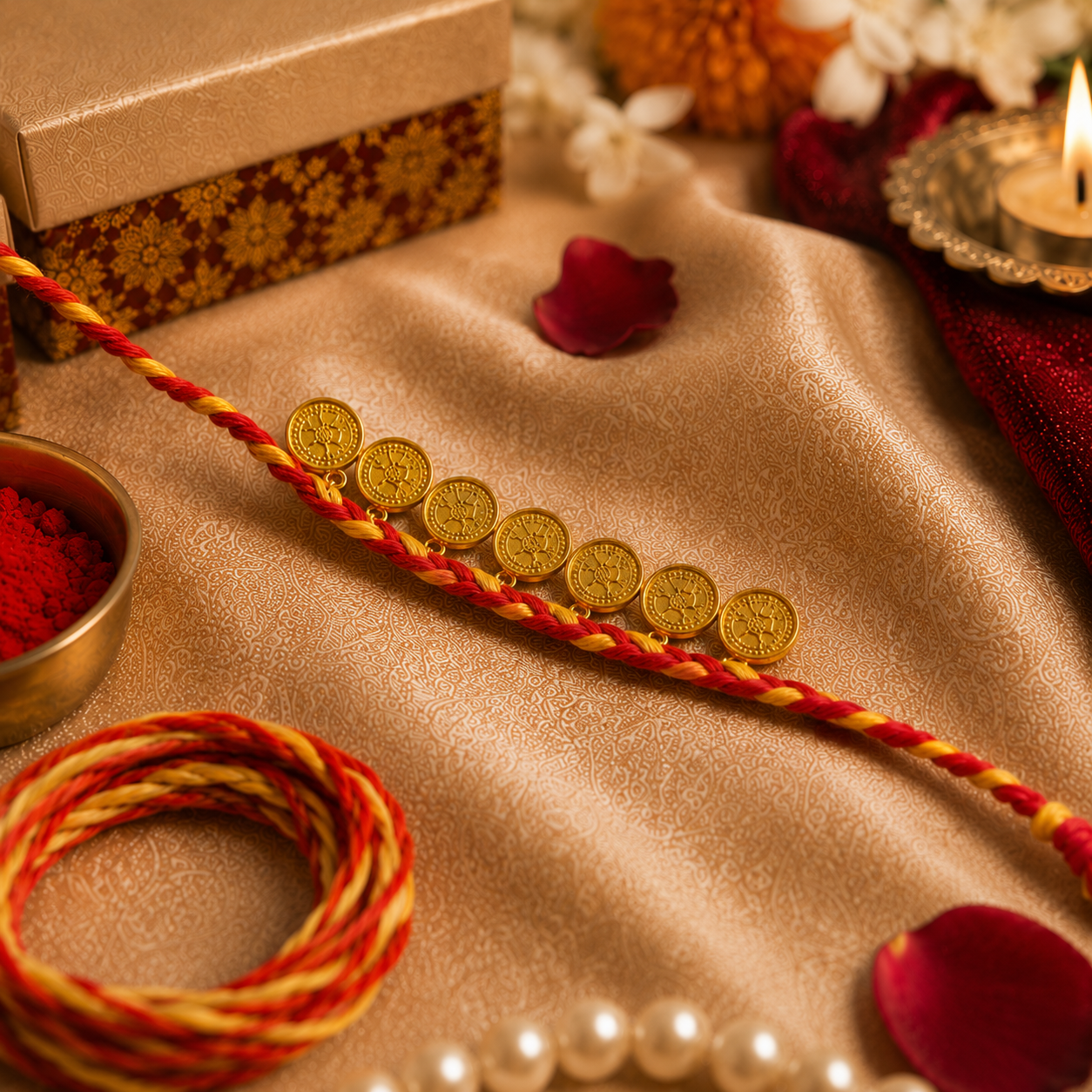 Traditional Gold Coin Rakhi with Red Mauli Thread for Brother - image 1