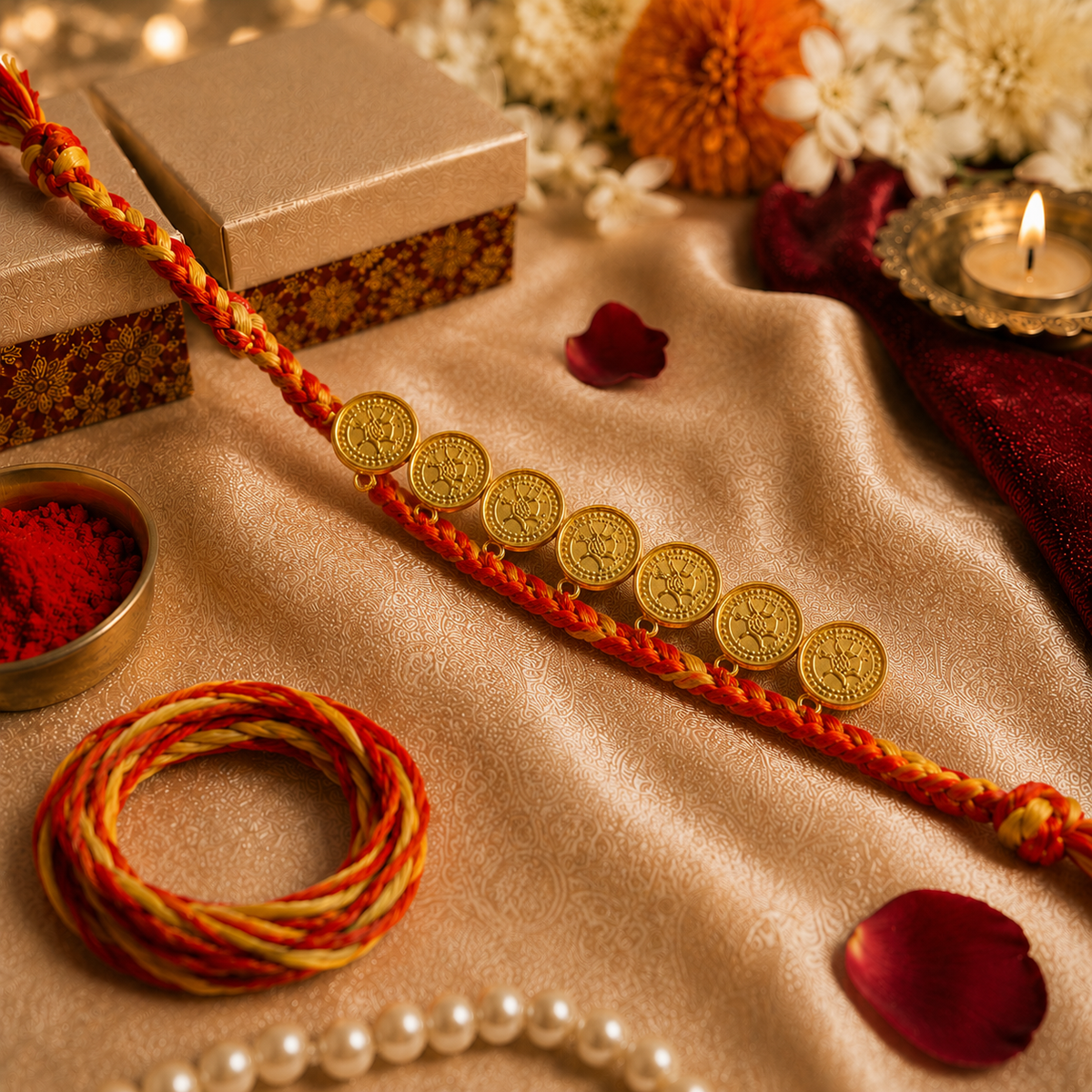 Traditional Gold Coin Rakhi with Red Mauli Thread for Brother - image 3