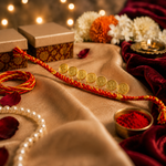 Traditional Gold Coin Rakhi with Red Mauli Thread for Brother - image 4