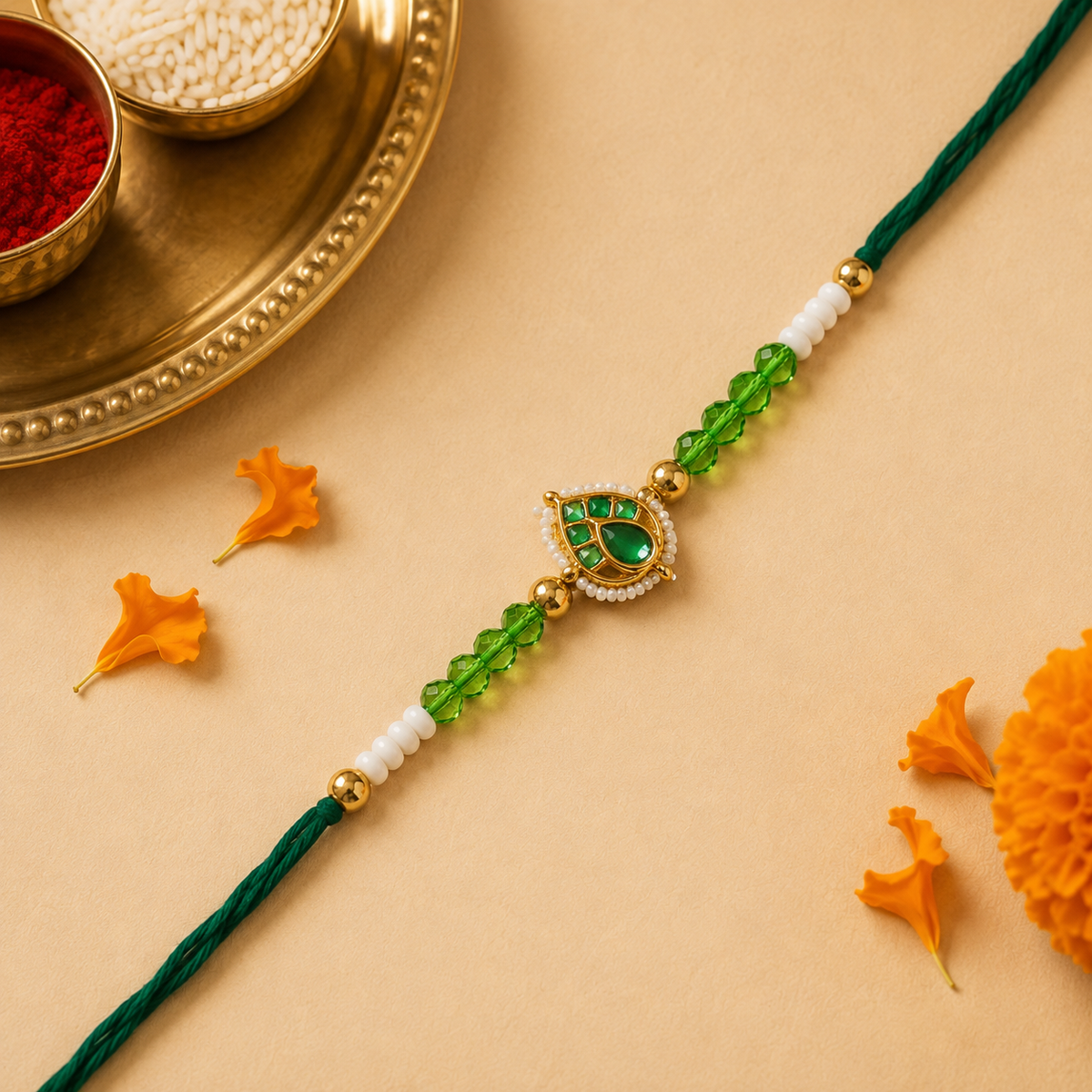 Emerald Teardrop Kundan Rakhi with Pearl Accents for Brother - view 1