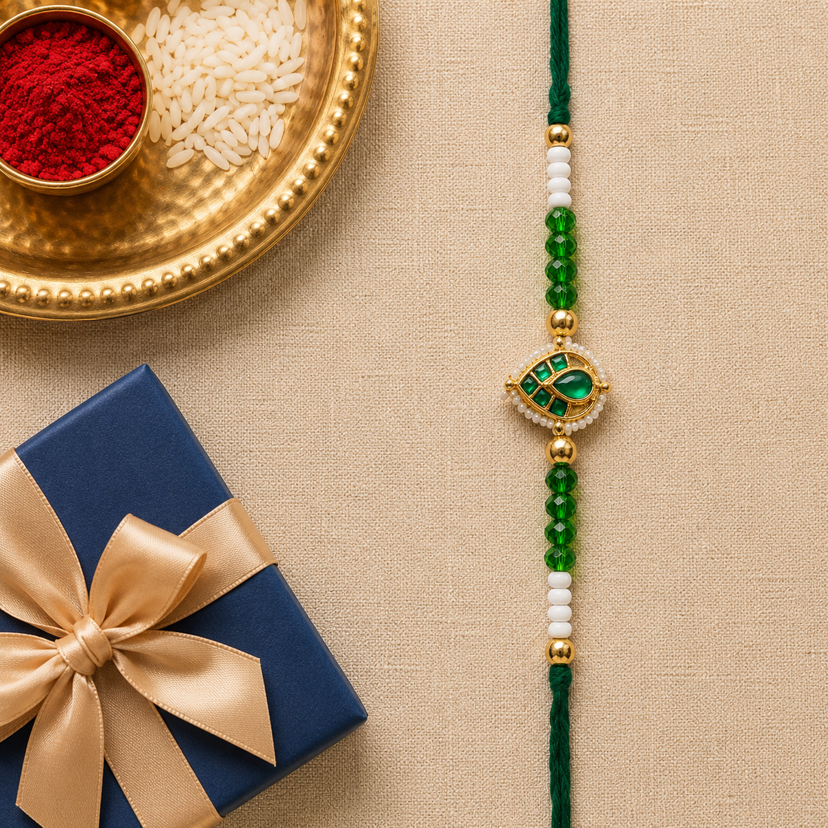 Emerald Teardrop Kundan Rakhi with Pearl Accents for Brother - view 3