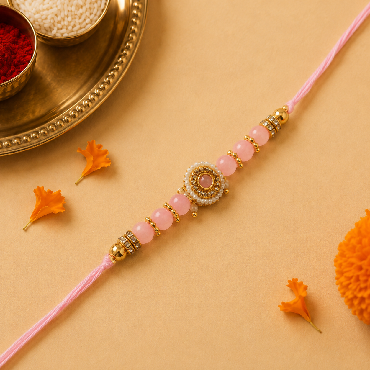 Blush Pink Stone Kundan Rakhi with Pearl Border for Brother - view 1