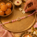 Blush Pink Stone Kundan Rakhi with Pearl Border for Brother - view 2