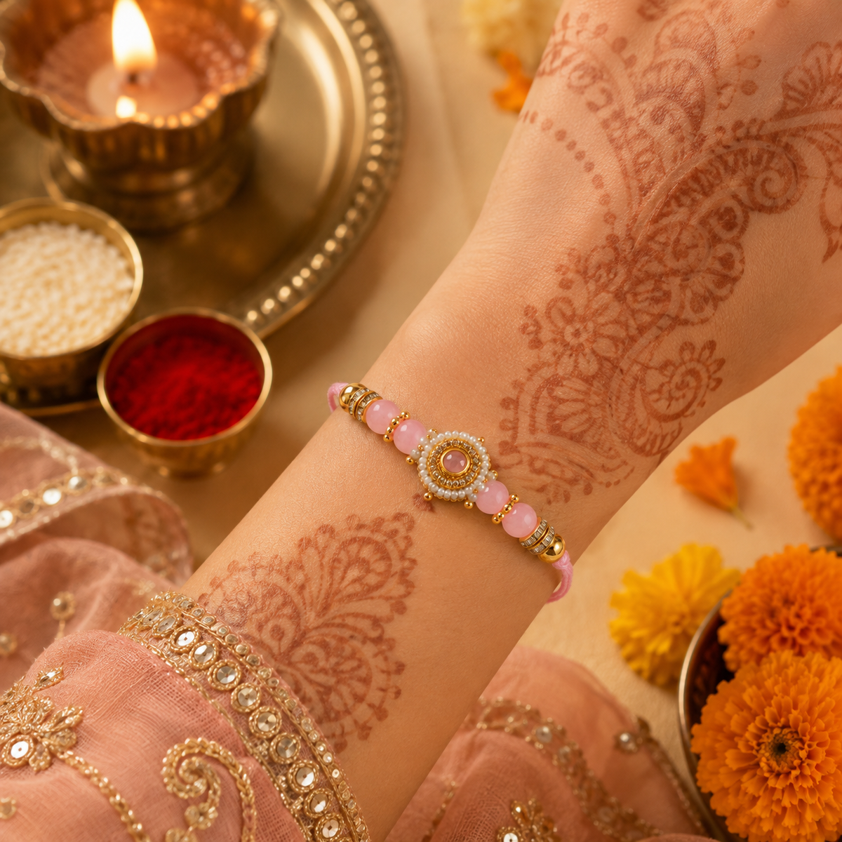 Blush Pink Stone Kundan Rakhi with Pearl Border for Brother - view 3