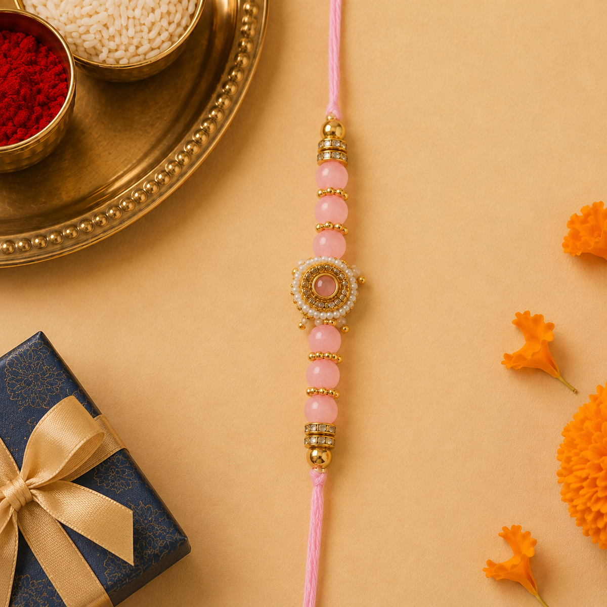 Blush Pink Stone Kundan Rakhi with Pearl Border for Brother - view 5