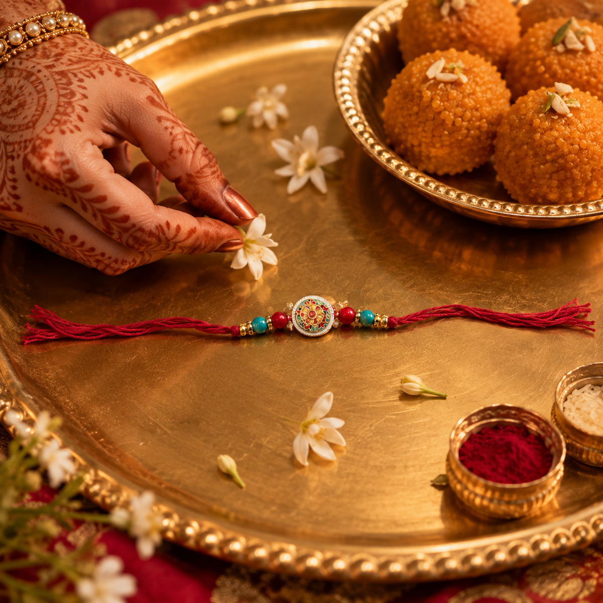 Multicolour Meenakari Floral Rakhi with Red Thread for Brother - view 2