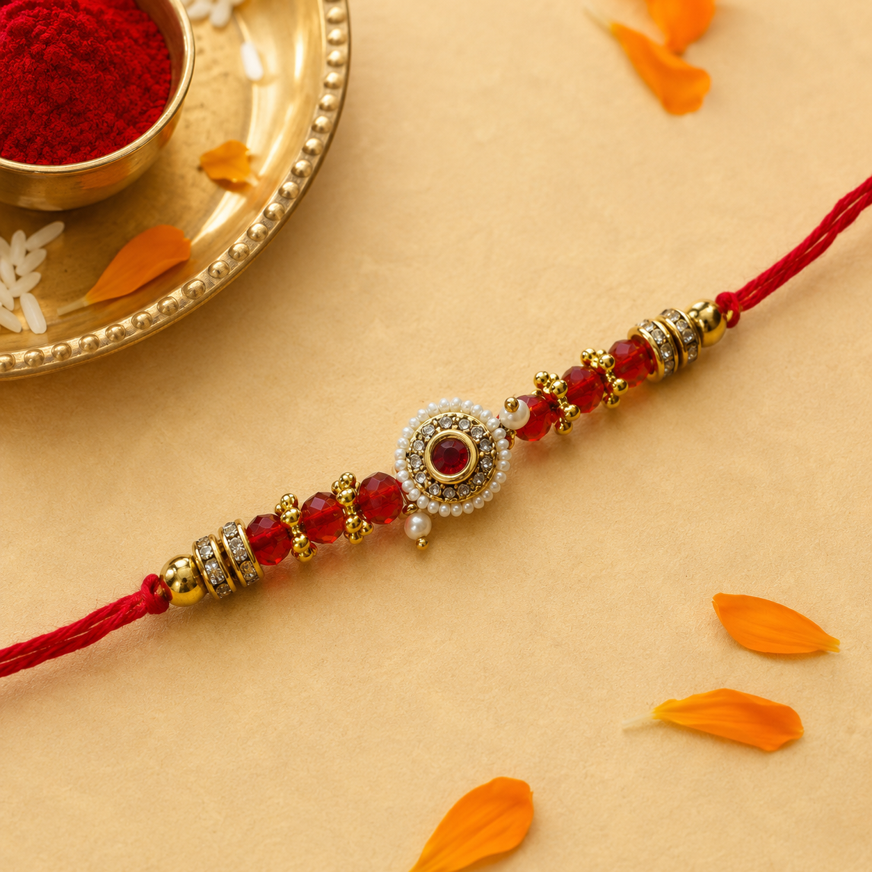 Ruby Crystal Kundan Rakhi with Pearl Border for Brother - view 1