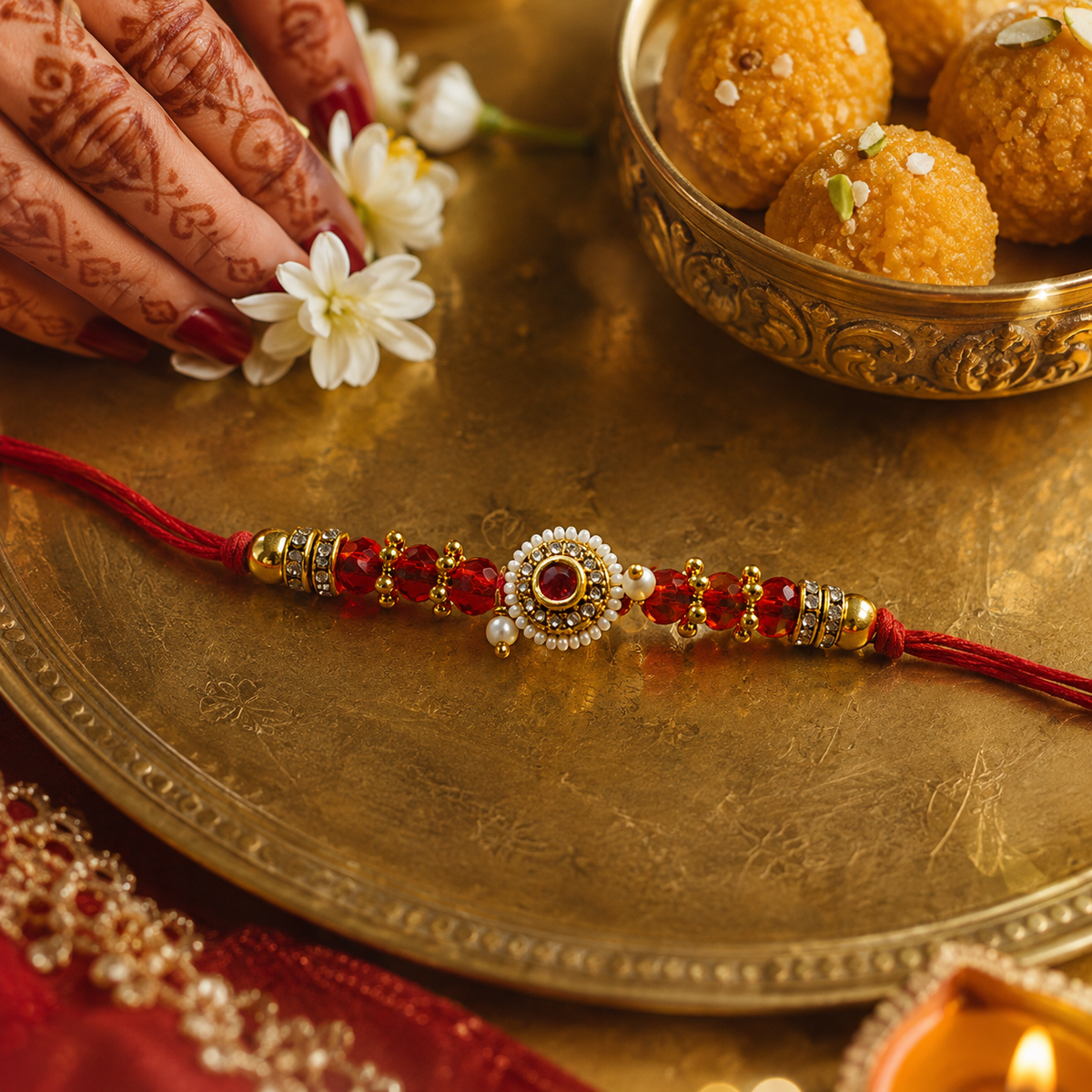 Ruby Crystal Kundan Rakhi with Pearl Border for Brother - view 2