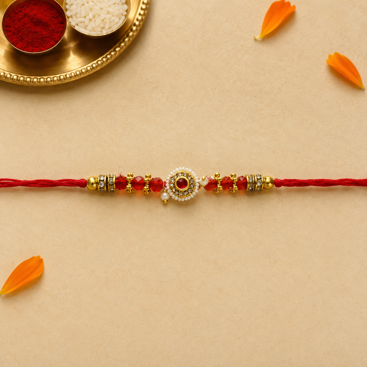 Ruby Crystal Kundan Rakhi with Pearl Border for Brother - view 3