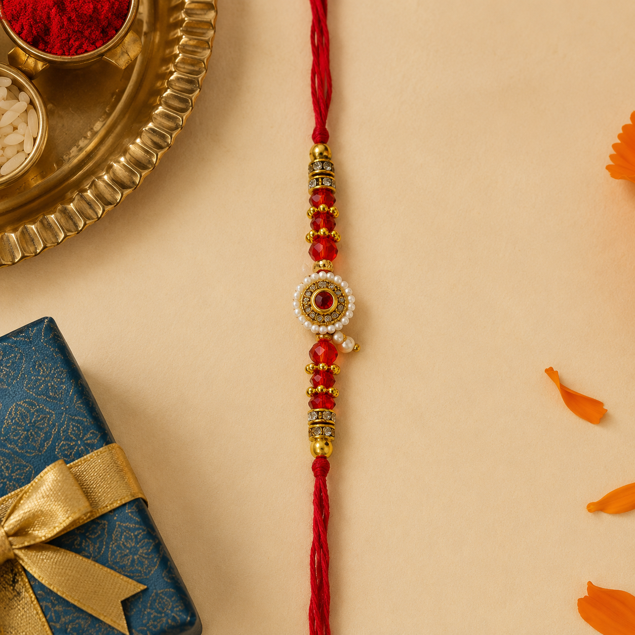 Ruby Crystal Kundan Rakhi with Pearl Border for Brother - view 4