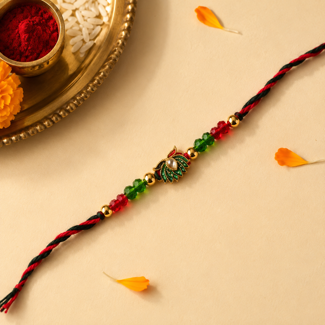 Green Peacock Meenakari Rakhi with Crystal Beads for Brother - view 1
