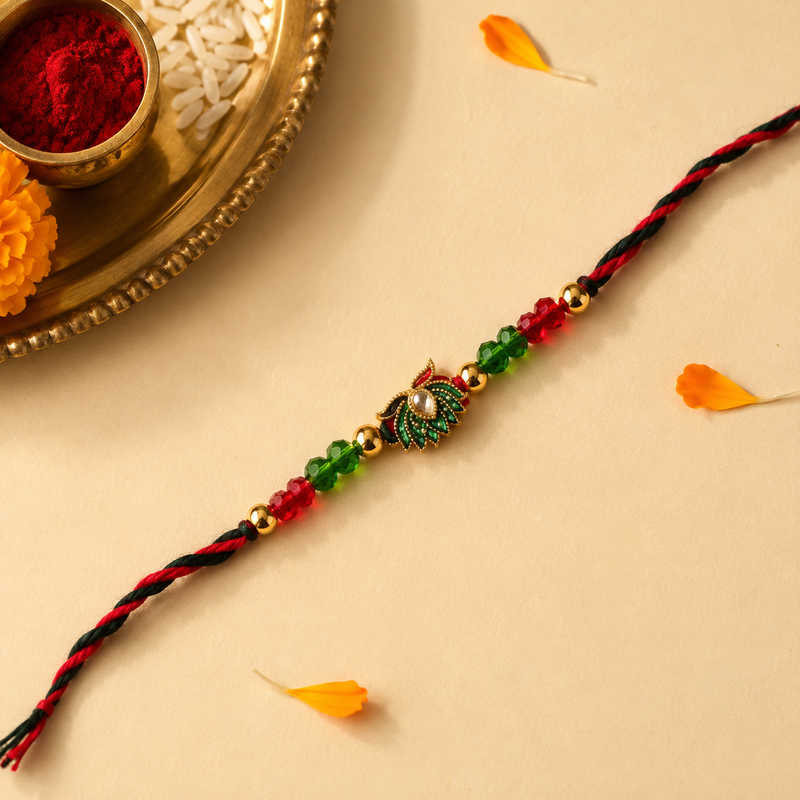 Green Peacock Meenakari Rakhi with Crystal Beads for Brother - view 1