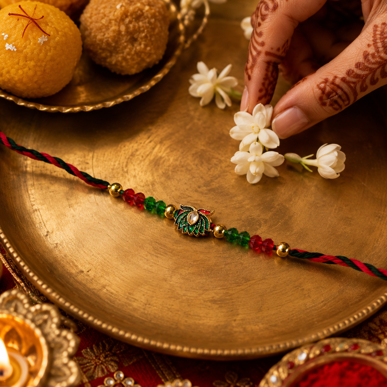 Green Peacock Meenakari Rakhi with Crystal Beads for Brother - view 2
