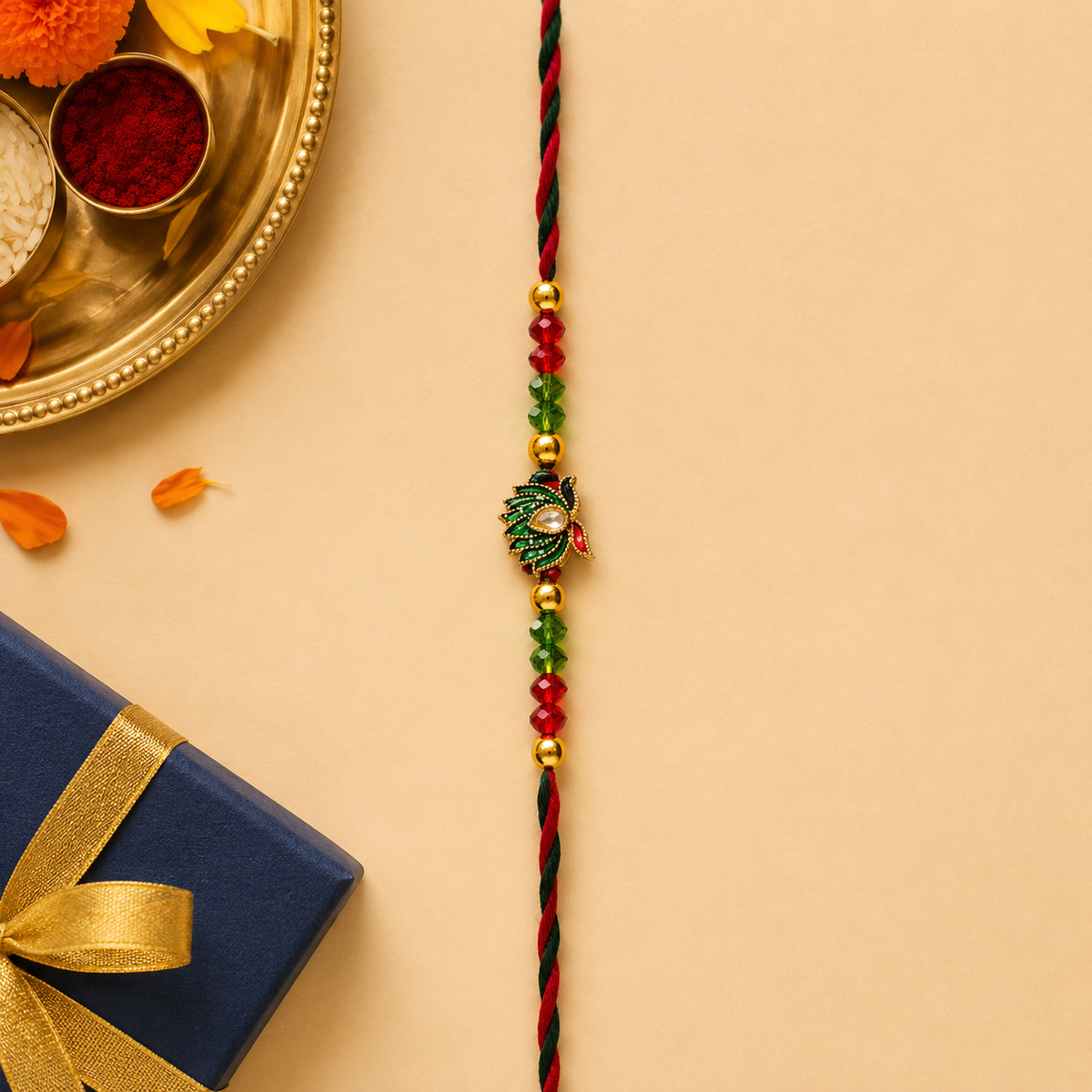 Green Peacock Meenakari Rakhi with Crystal Beads for Brother - view 4