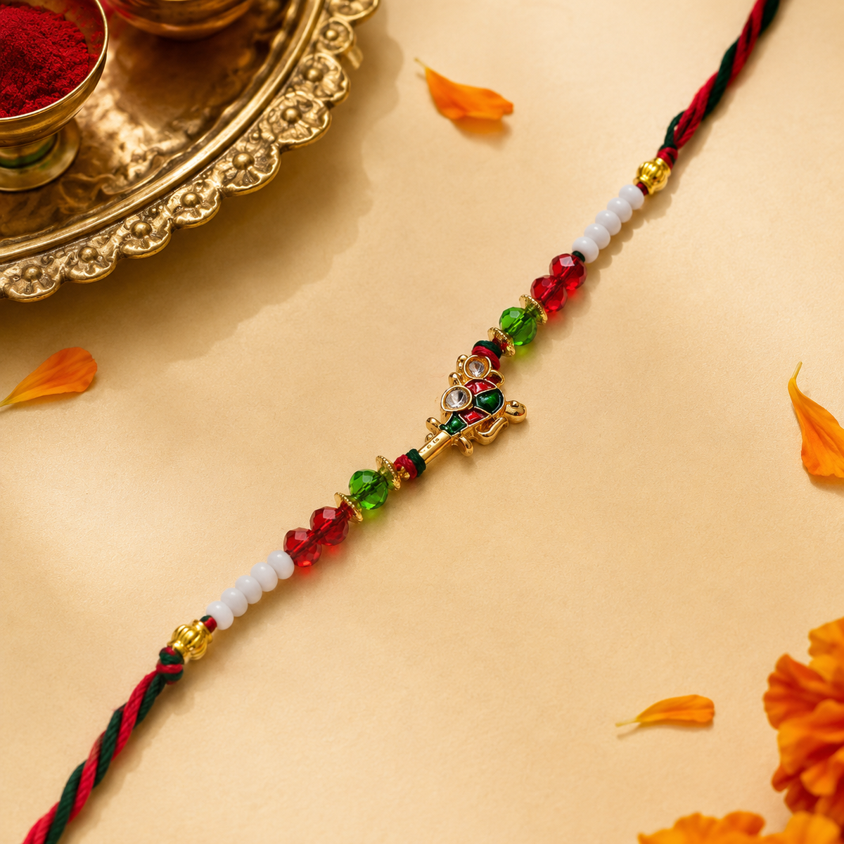 Red & Green Meenakari Charm Rakhi with Beads for Brother - view 1