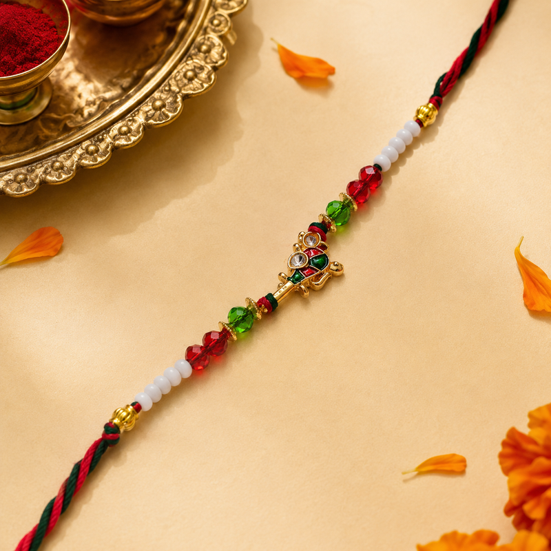 Red & Green Meenakari Charm Rakhi with Beads for Brother - view 1