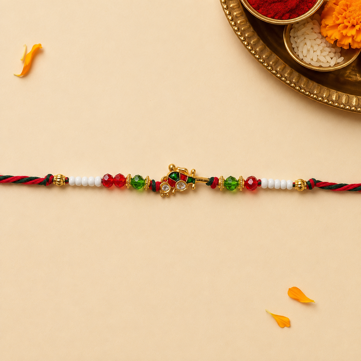 Red & Green Meenakari Charm Rakhi with Beads for Brother - view 3