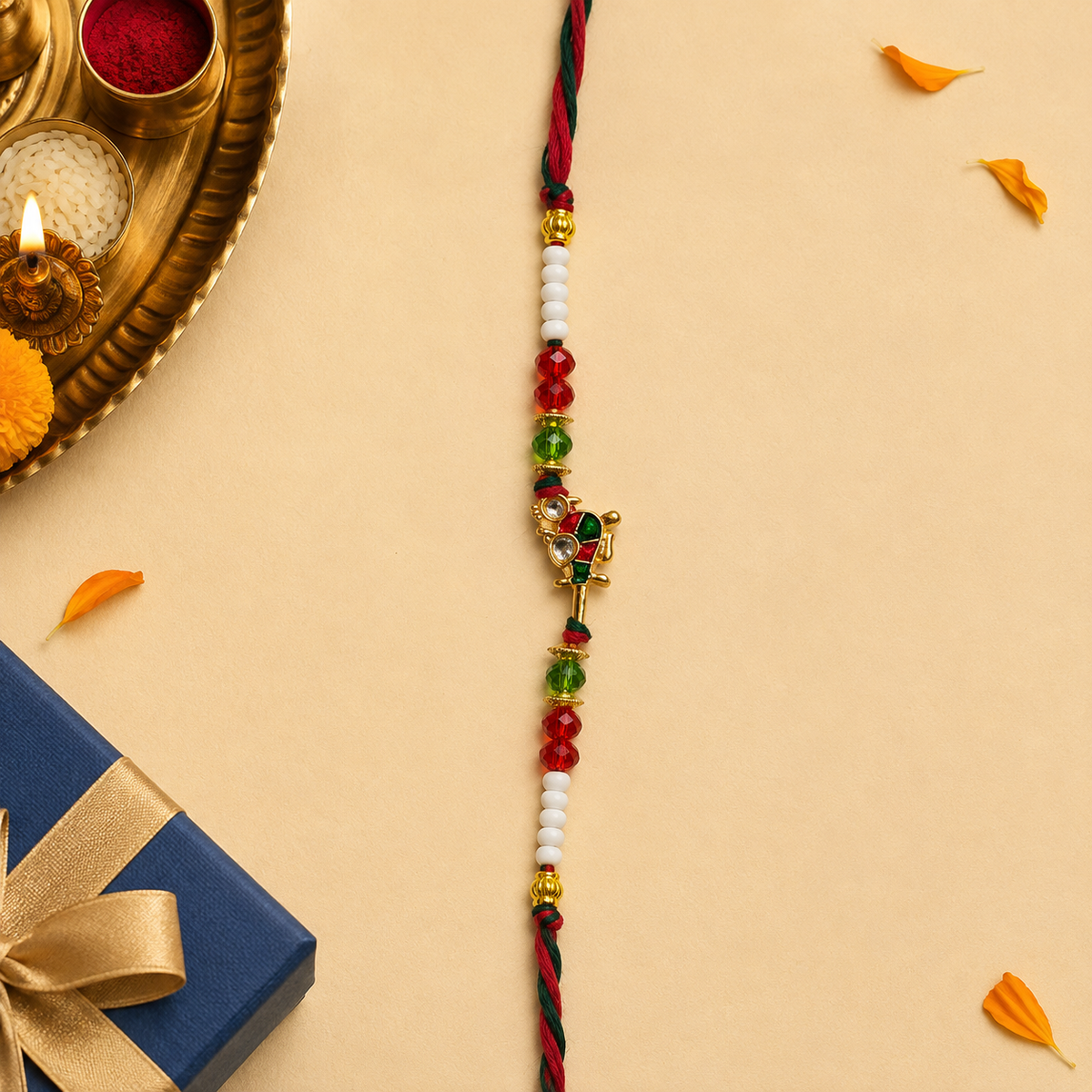 Red & Green Meenakari Charm Rakhi with Beads for Brother - view 4