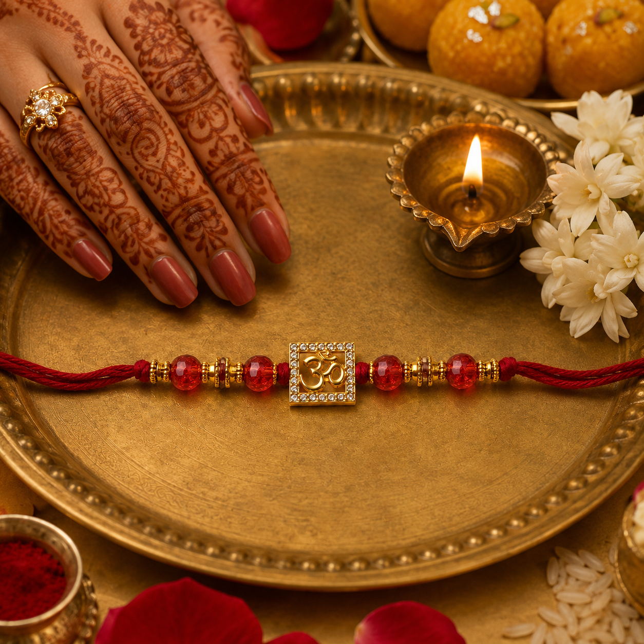 Crystal Om Beaded Rakhi for Brother - 3 Colours - Red - view 2