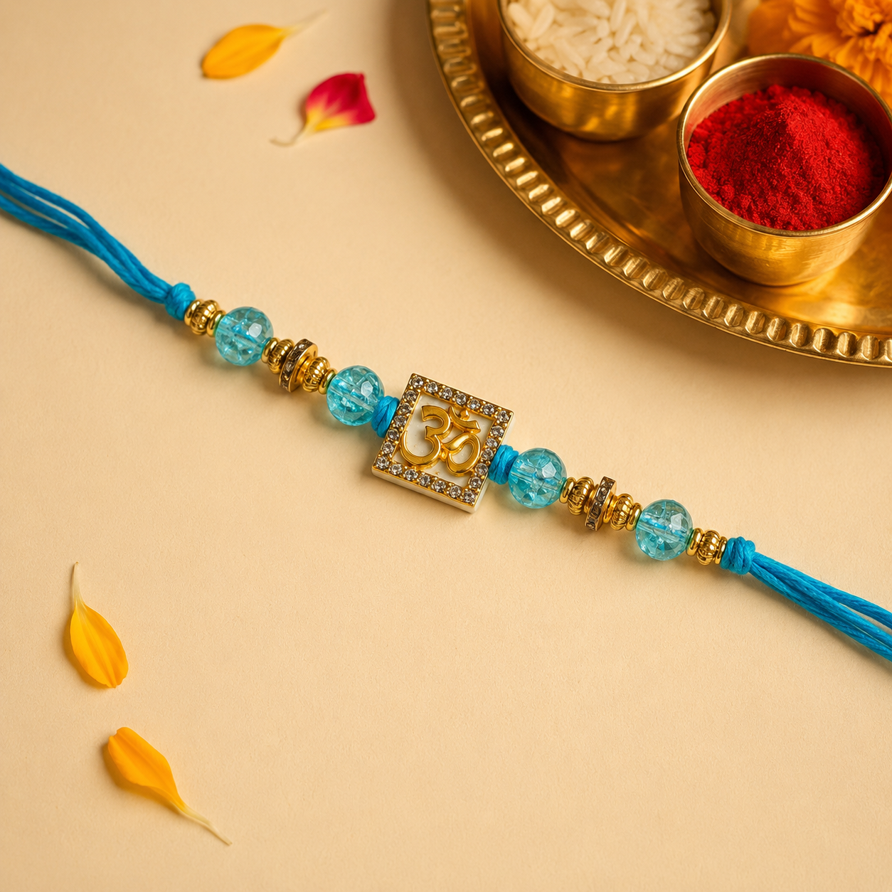 Crystal Om Beaded Rakhi for Brother - 3 Colours - Teal - view 1