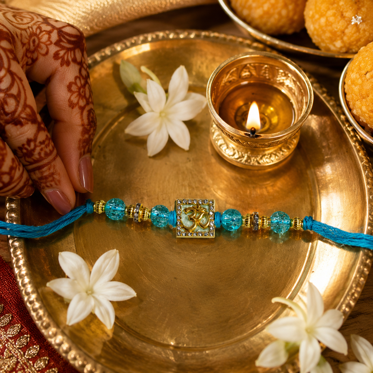 Crystal Om Beaded Rakhi for Brother - 3 Colours - Teal - view 2