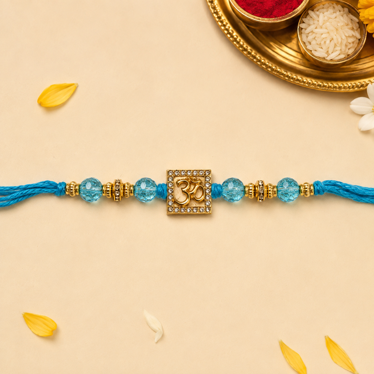 Crystal Om Beaded Rakhi for Brother - 3 Colours - Teal - view 3