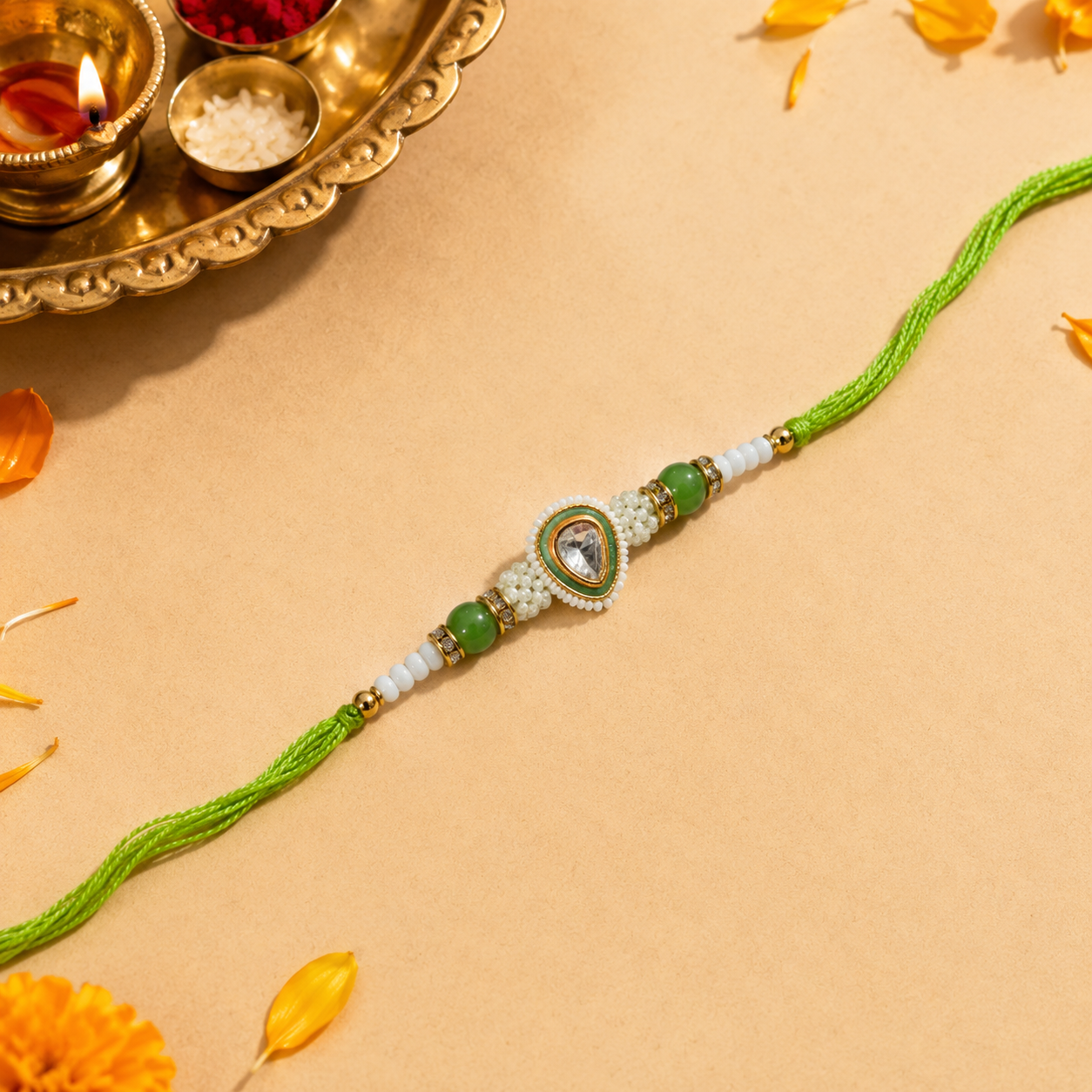 Lime Green Teardrop Kundan Rakhi with Pearl Beads for Brother - view 1