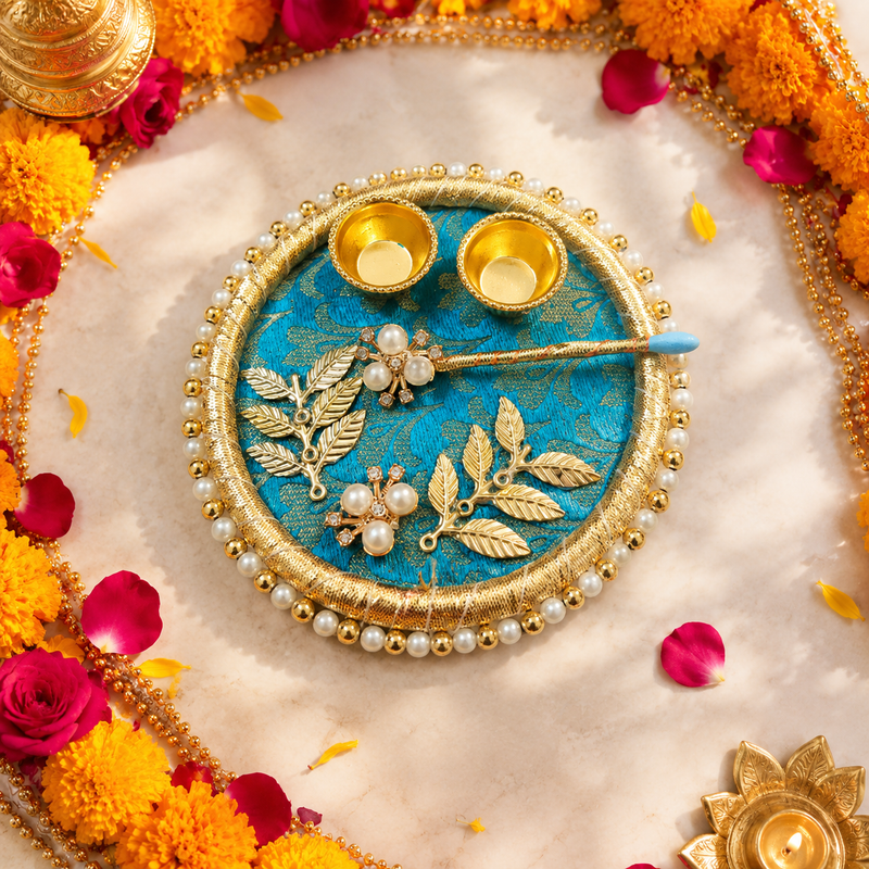 Royal Teal Pearl Roli Chawal Platter with Brass Bowls - image 1