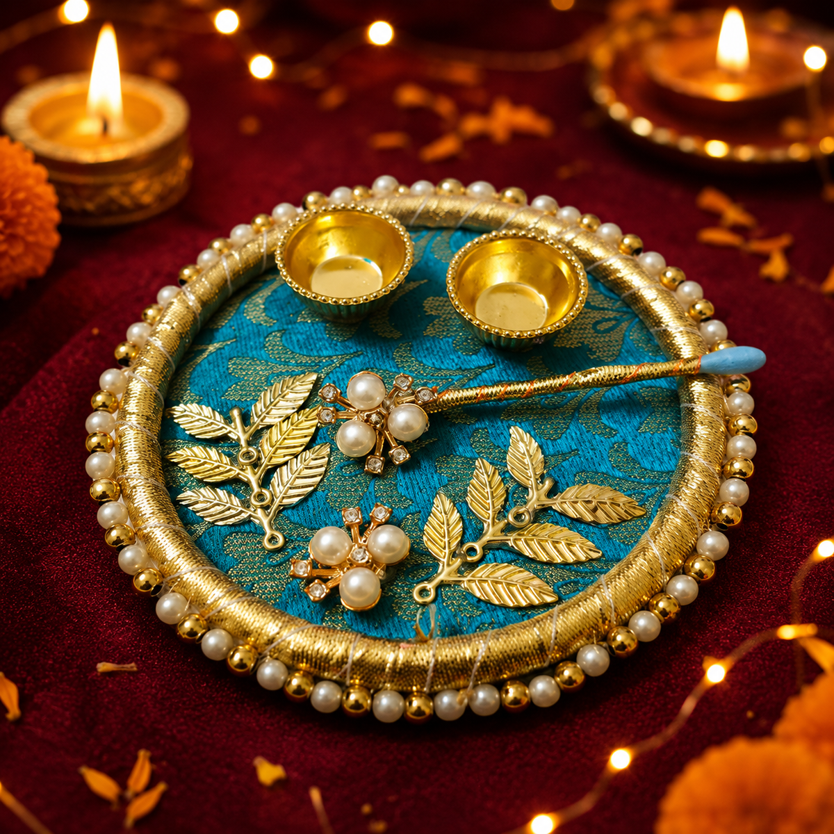 Royal Teal Pearl Roli Chawal Platter with Brass Bowls - image 2