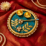 Royal Teal Pearl Roli Chawal Platter with Brass Bowls - image 3