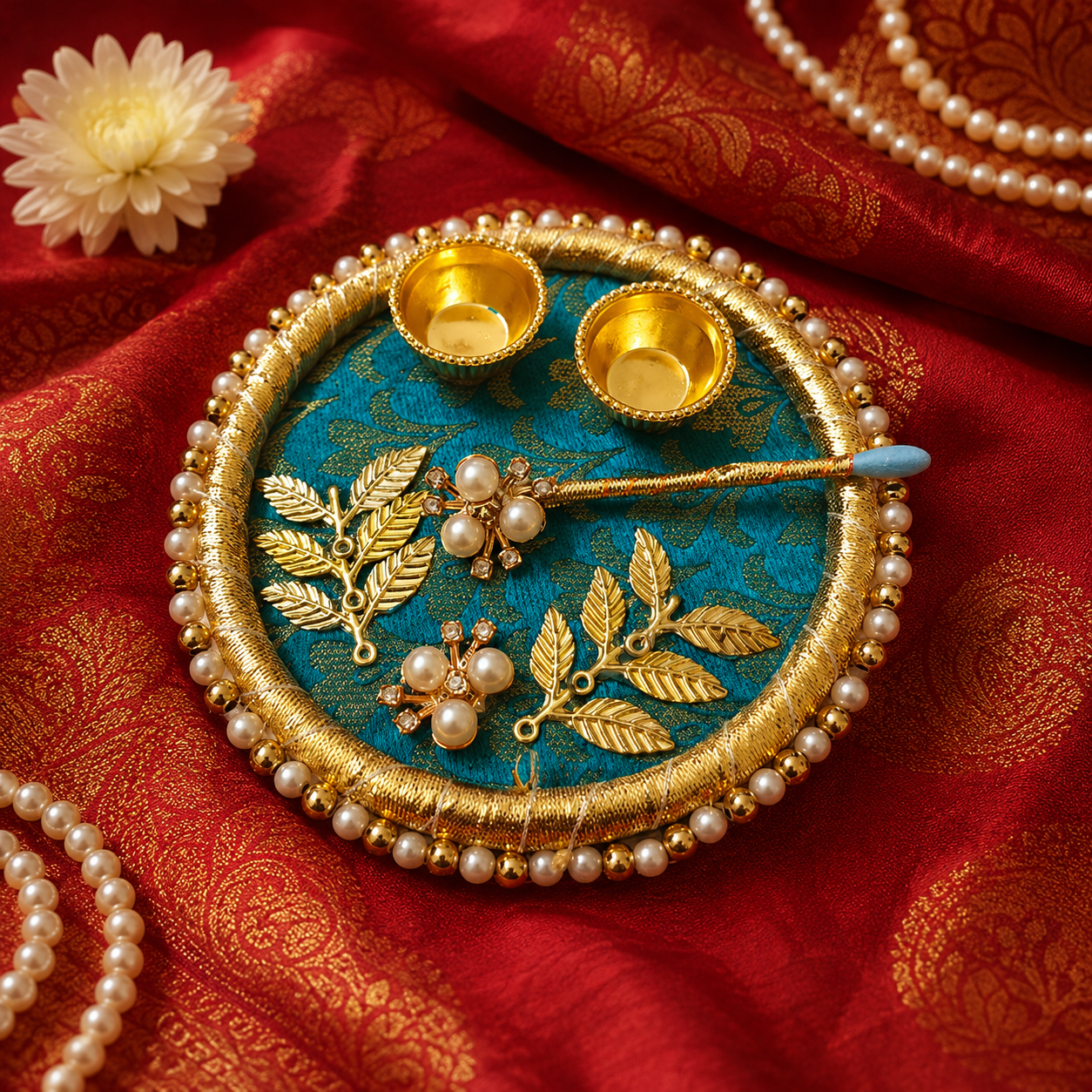 Royal Teal Pearl Roli Chawal Platter with Brass Bowls - image 3