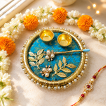 Royal Teal Pearl Roli Chawal Platter with Brass Bowls - image 4