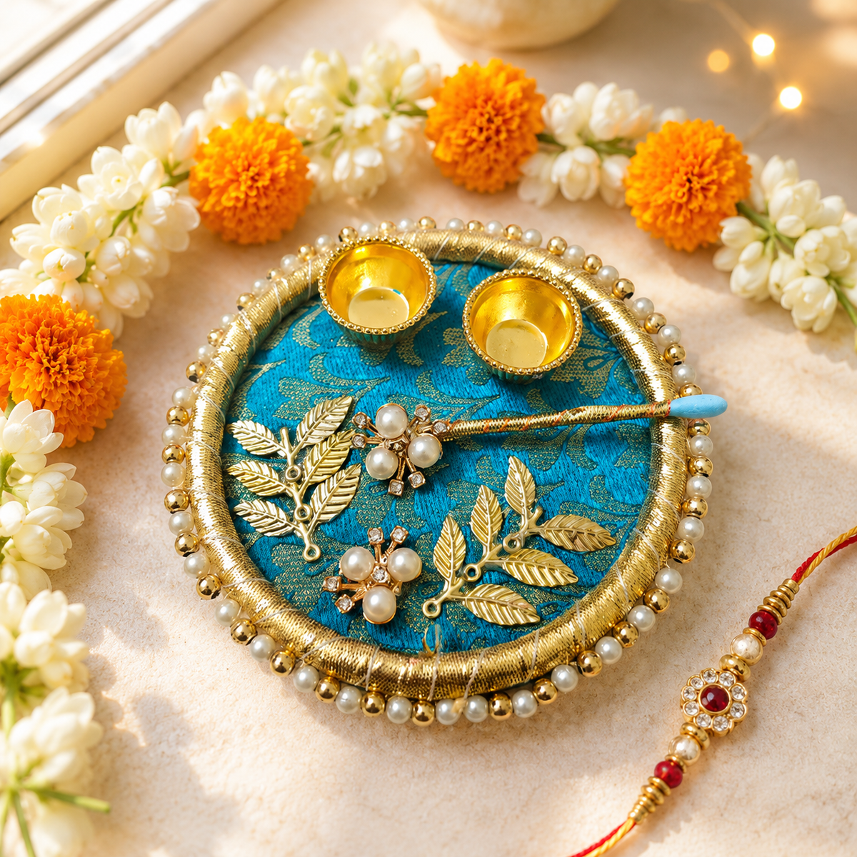 Royal Teal Pearl Roli Chawal Platter with Brass Bowls - image 4
