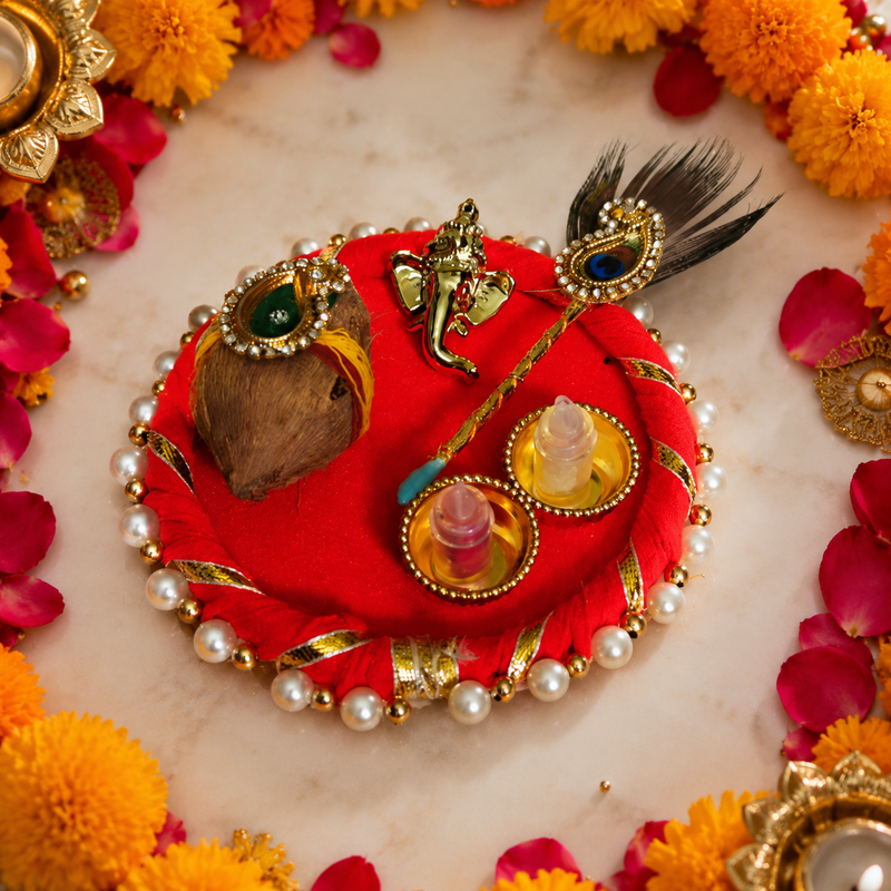 Shree Ganesha Coconut Roli Chawal Platter in Red - image 1