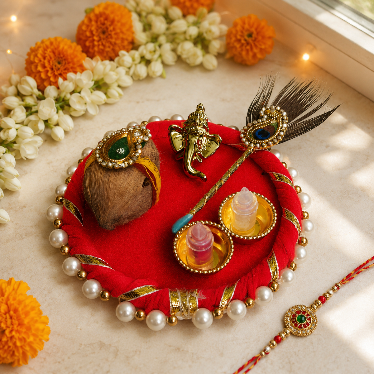 Shree Ganesha Coconut Roli Chawal Platter in Red - image 3
